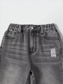 Tween Boys Fashionable Casual Outdoor Matching Outfit Set - Grey Washed Distressed Paisley Denim Suit - Grey - View 3