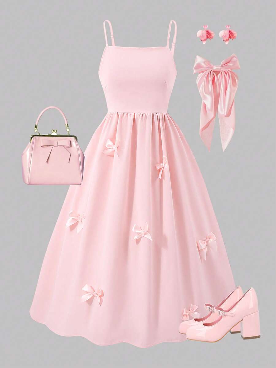 Sparklyn Holiday,Summer,TravelTeen Girls Elegant Lovely Bow Sleeveless Slip Dress, Waist Cinched Cute Dress In Pink, Suitable For Summer And Spring Wear, Suitable For Parties And Vacations Youth Girl Dress Young Girl Party Dress - Pink - View 1