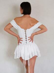 SHEIN BAE 女士春夏度假沙滩装优雅浪漫性感白色锦缎单肩迷你连衣裙适合日常派对聚会、音乐会服装女士、春假礼服、狂欢服装节日 - 白色 - 查看 2