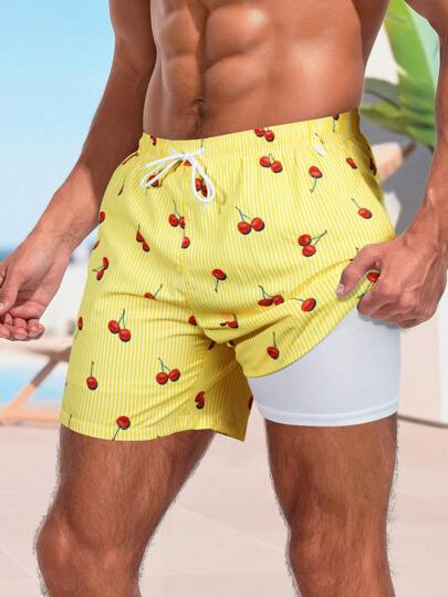 Surfspeed Men's Striped & Fruit Print Drawstring Beach Shorts,Hawaiian