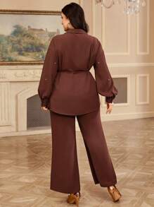 Mulvari 2pcs/Set Women Plus Size Rhinestone Floral Print Long Sleeve Shirt And Pants Suit - Brown - View 2