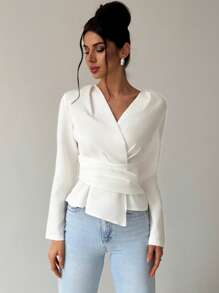 Firerie 女士优雅简约基本款 V 领不对称下摆收腰长袖白色衬衫，适合日常通勤，秋冬季 - 白色 - 查看 2