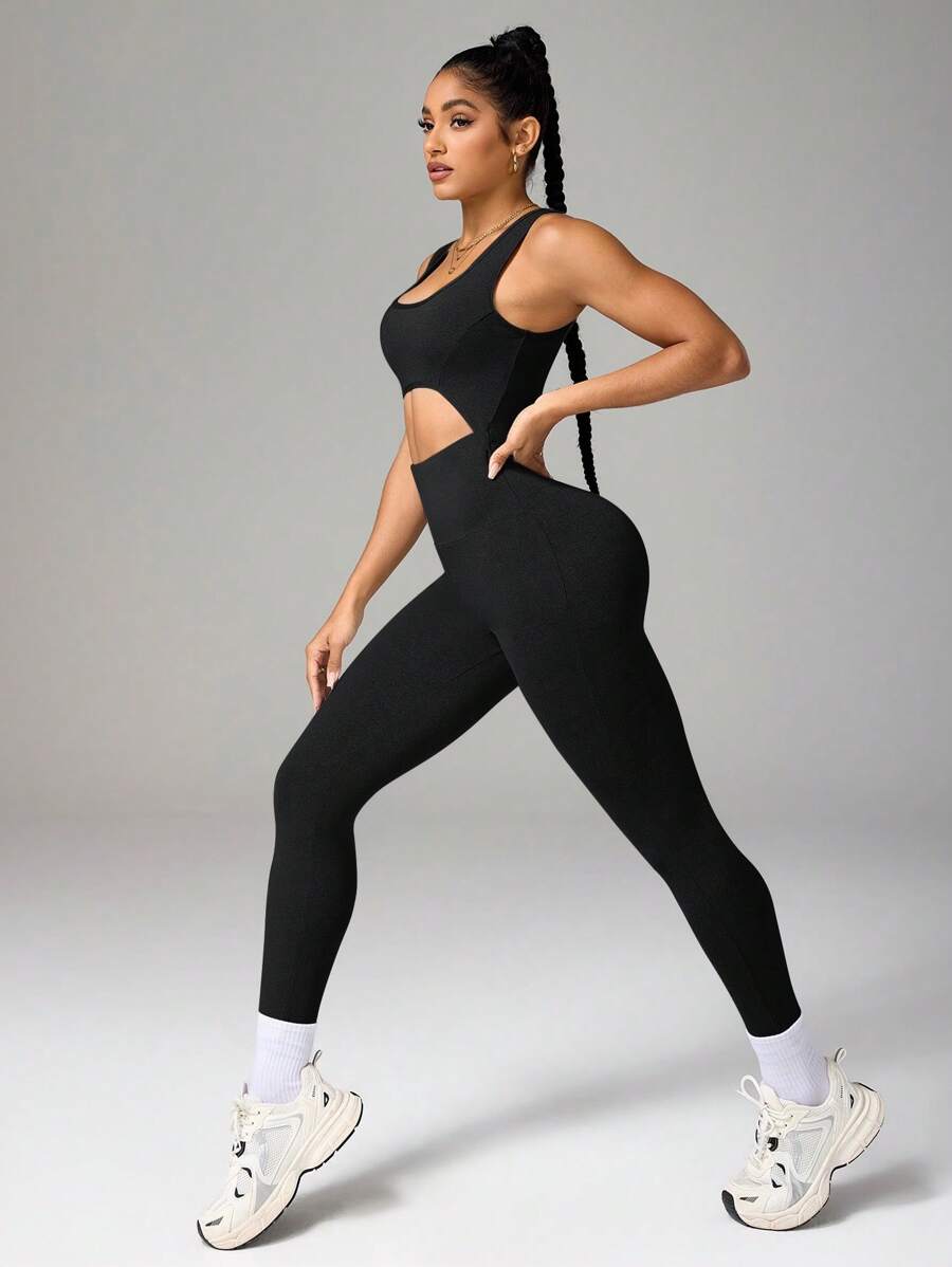 Easithlete 女士镂空吊带休闲连体裤，简约时尚，适合日常穿着 - 黑色 - 查看 1