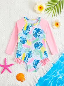 1pc Leaf Print Zipper One-Piece Swimsuit - Multicolor - View 7