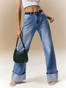 Poéselle Jeans rectos de ajuste delgado de denim azul para mujer, atuendos de verano para mujer, jeans holgados para mujer, atuendos para salir, estilo de los 2000