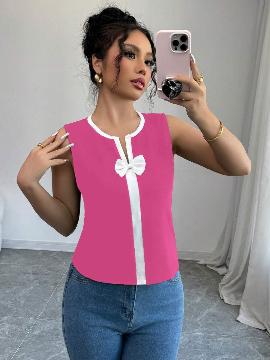 Elenzga Damski bezrękawnik z dzianiny z kokardą kontrastowy swobodny top z nadrukiem damskie koszulki topy