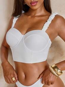 SHEIN Swim Women's White Ruffle Crop Bikini Top For Beach, For Summer Beach Vacation - White - View 2