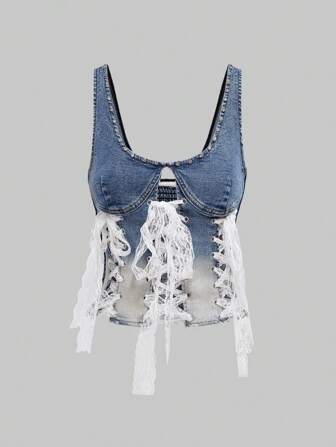 Sexy Y2K Tie-Up Hollow-Out Ombre Denim Crop Top For Women