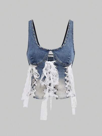 Top court en denim ombré avec laçage et découpes sexy pour femmes, style Y2K