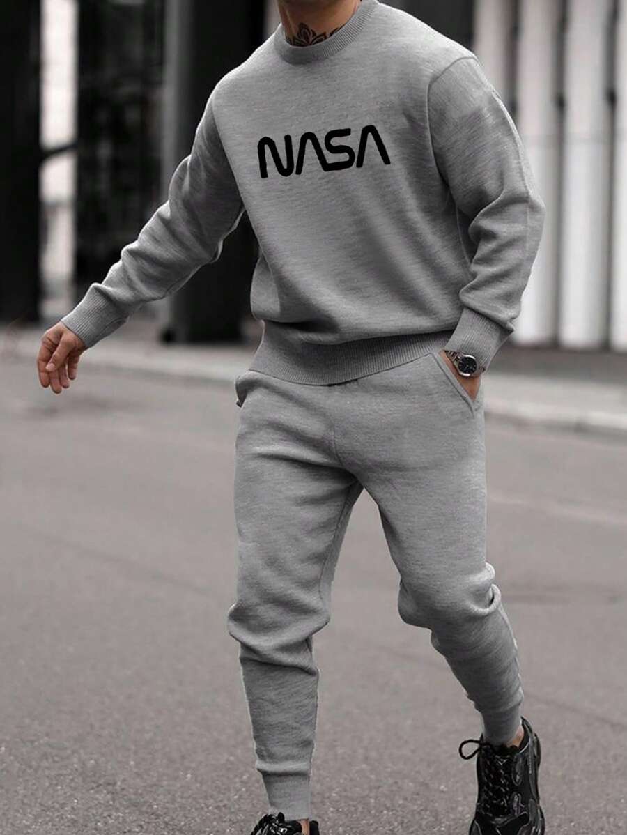 RueChic Cotton Men's Set Of Letter Printed Sweatshirt And Sweatpants - Grey - View 1