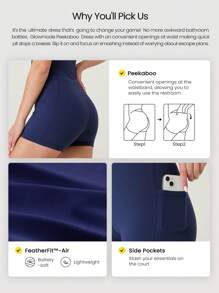 GLOWMODE Bộ đồ liền thân FeatherFit™ Play Peekaboo màu tương phản có chân váy xếp ly có thể tháo rời Túi bên hông Yoga tác động thấp hàng ngày có thể tháo rời Cúp ngực - Dark Blue - Xem 4