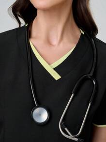 TaskEZ Conjunto de uniforme de mujer multibolsillos cómodo y multifuncional de moda casual para primavera y verano, adecuado para hospitales, clínicas y veterinarias, con blusa de manga corta y pantalones largos en bloques de color - Uniforme de enfermería de pascua para mujeres - Negro - Ver 5