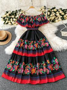 SHEIN LUNE 大码女式节日印花露肩长连衣裙