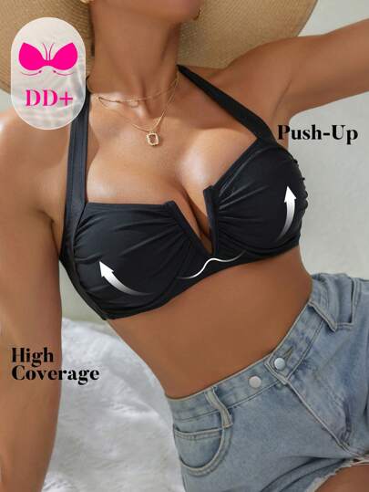 Swim DD+ Spring Break DD Women's Black V-Neck Backless Strap Bikini Tops, Boho Festival Style, For Summer Beach Vacation