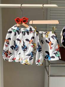 SHEIN 2 Pieces Set Baby Boy Cute Cartoon Pattern Hoodie Jacket And Shorts Casual Holiday Outfit, Spring & Summer