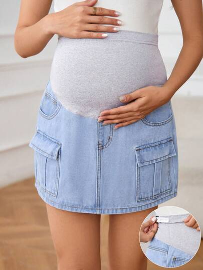 SHEIN Gravida kvinnor High Waist Colorblock Patchwork Denim Cargo Skirt