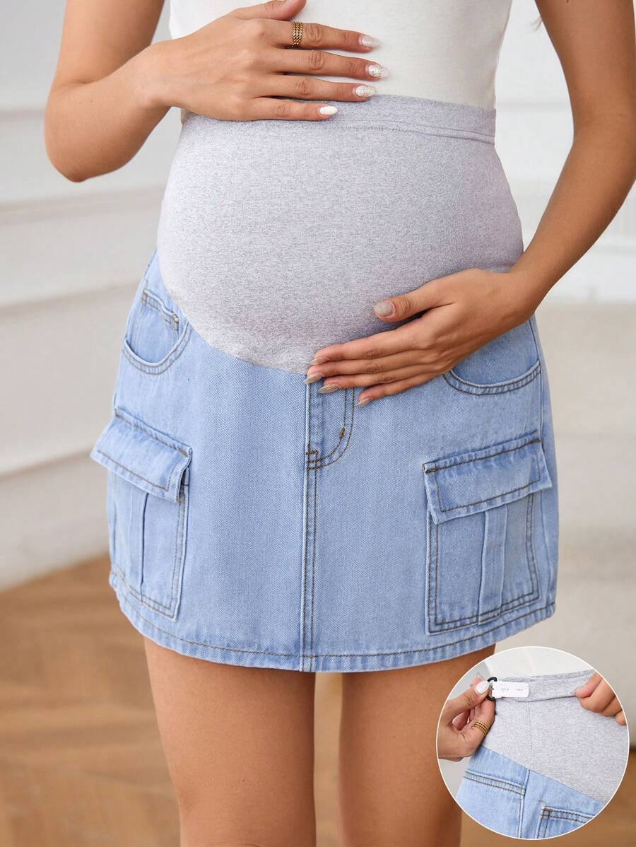 SHEIN Pregnant Women High Waist Colorblock Patchwork Denim Cargo Skirt