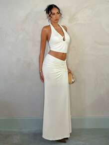 SHEIN BAE 早春女士花园派对优雅装，露背金属扣装饰紧身上衣和褶皱紧身迷你裙，适合浪漫约会、与朋友聚会、早春郊游和派对