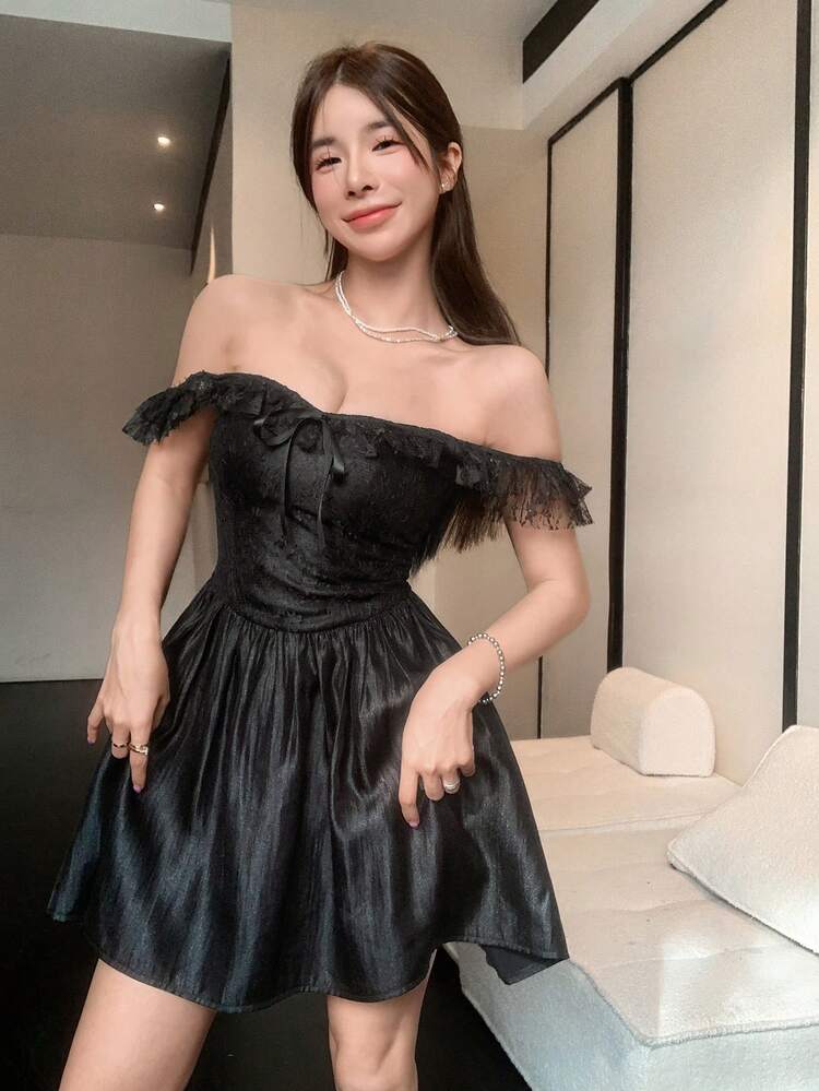 Hollow Lace & Mesh Splice Bodycon Wedding Party Dress, Bowknot Off Shoulder Short Dress For Women Summer Prom Dress Party Women,Mini Dress Homecoming Dresses Sexy Dress Carnival