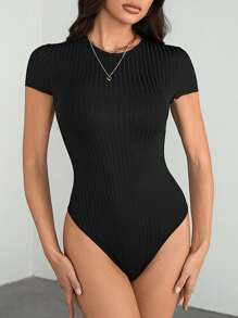 SHEIN Tall 女士纯色圆领短袖休闲黑色紧身衣 - 黑色 - 查看 3