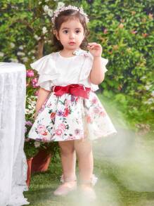 SHEIN Babygirl 夏季可爱缎面花卉印花上衣和迷你裙套装 - 白色 - 查看 9