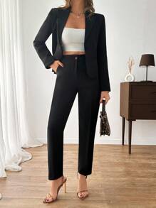 EURMUSE Casual Business Solid Color Jacket & Pant Suit Set - Black - View 3