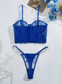 Set de 2 piezas de lencería femenina de malla bordada (con aro y tanga) - Azul - Ver 6
