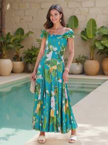 BELANGE HANDMADE Designer Boho Bohemian Multicolor Chiffon Lemon & Green Plant Print Off Shoulder Ruffle Sleeve Corset Bodice Drop Waist Elegant Maxi Sun Dress, Festival, Tropical, Summer, Beach, For Women, Vacation Casual Western Wear, Concert Outfit Resort Spring Maxi Dress Vacation Tropical Elegant Dress Women Evening Gown Prom Dresses Evening Dress Formal Dress Floral Dress Wedding Rave Outfit - Multicolor - View 8