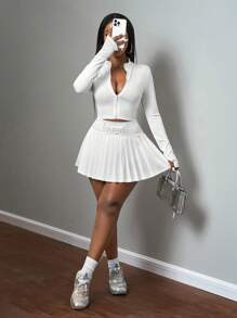 Slaydiva Casual Street Style White Short Sleeve Zipper V-Neck Top & Pleated Tennis Skirt Set, Women's 2pcs Set
