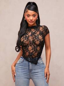 SHEIN SXY 基础款休闲百搭夏季新款黑色蕾丝透视不对称下摆性感上衣，适合夜店、情侣约会、酒吧等场合 - 綠色 - 查看 5