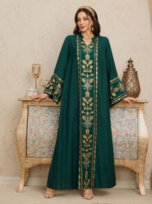 Al Najma Premium Mesh Floral Embroidery Panel Elegant Solid Color Dress For Women, Kaftan & Jalabiya, Luxury Evening Dresses For Women,Modest - Dark Green - View 7