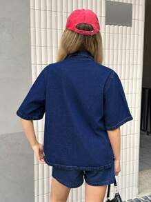 SHEIN Forever 21 夏季新款翻领牛仔水洗休闲百搭通勤女士牛仔衬衫 - 藍色 - 查看 2