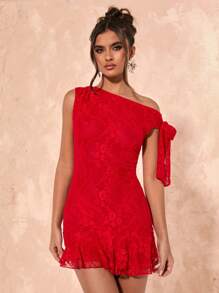 SHEIN BAE 女士优雅蕾丝不对称下摆迷你连衣裙适合音乐节狂欢穿着女性演唱会服装女士外出上衣波西米亚风格夏季服装 - 酒紅色 - 查看 4