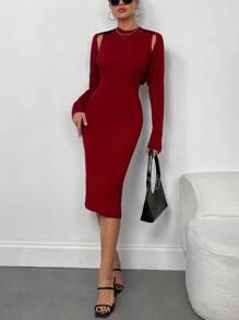 2pcs Set Elegant Knitted Red Dress With Skirt Fall Cloth For Women - Red - View 3