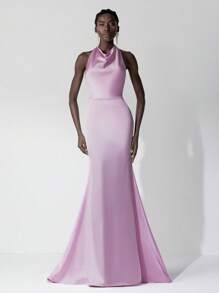 SHEIN Belle 优雅浅粉色缎面高领露背伴娘礼服，配有可调节雪纺领带和鱼尾造型 - 淺粉色 - 查看 7