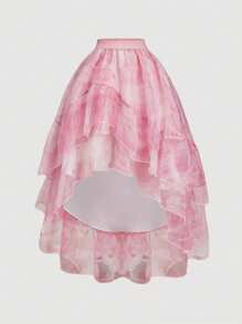 SHEIN MOD Romantisk drömsk lager-på-lager organza volangkjol asymmetrisk, perfekt för dejt, fest, semester, eftermiddagste, födelsedag, alla hjärtans dag, sommar för kvinnor, strand för kvinnor, ravefestival, semesterkvinna, festival för kvinnor, påskkvinnor, dejtkvällskjol för kvinnor - Rosa - Visa 1