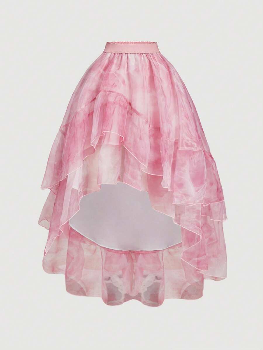 SHEIN MOD Romantisk drömsk lager-på-lager organza volangkjol asymmetrisk, perfekt för dejt, fest, semester, eftermiddagste, födelsedag, alla hjärtans dag, sommar för kvinnor, strand för kvinnor, ravefestival, semesterkvinna, festival för kvinnor, påskkvinnor, dejtkvällskjol för kvinnor - Rosa - Visa 1