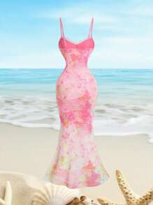 SHEIN MOD Sfumato Floral 粉色绚丽花卉领口蕾丝拼接网纱连衣裙，波西米亚风连衣裙，优雅连衣裙，茶会连衣裙，女性约会连衣裙，情人节连衣裙，夏季连衣裙，邮轮连衣裙，沙滩连衣裙