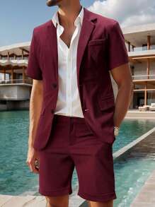 Manfinity Homme Manfinity Men's Suit Set Short Sleeve Solid Color Jacket & Shorts, Minimalist Fashion Casual Daily Wear, Men Casual Suit, Men Casual Suits, Nice Suit For Men, Men Dress Suit - Burgundy - View 6