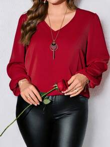 EMERY ROSE Camisas de manga larga para mujer talla grande para el Día de San Valentín, elegante camisa roja con costuras de encaje negro, ropa de primavera