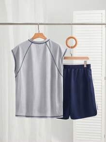 Manfinity VCAY Unisex Casual Knitted Bear Print Loose Sleeveless Tank Top And Drawstring Waist Loose Shorts 2 Pieces Set, Suitable For Daily Wear