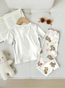 SHEIN Leap Crew Tween Girl Bear & Heart Pattern Casual Minimalist Short Sleeve Top And Pants Pajamas, Snug Fit, Suitable For Spring/Summer