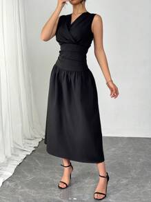 Modelyn Women's V-Neck Sleeveless Ruched A-Line Dress - Black - View 5