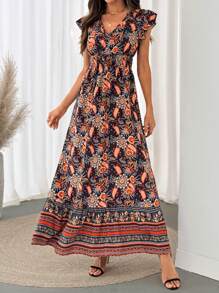 SHEIN LUNE Cap Sleeve Shirred Waist Drawstring Ruffle Hem A-Line Dress, Print Casual Vacation Elegant Daily Wear For Women