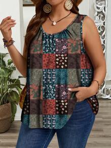 EMERY ROSE Plus Size Wide Strap Ruched Loose Tank Top, Suitable For Spring And Summer,Western Wear Women Suitable For Going Out,Vacation - Multicolor - View 1