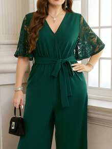 SHEIN Clasi Plus Size Women's Elegant Patchwork Lace Ruffle Sleeve Jumpsuit, Dark Green, Autumn, Party, Fashionable Versatile For Daily, Afternoon Tea & Shopping - Dark Green - View 2