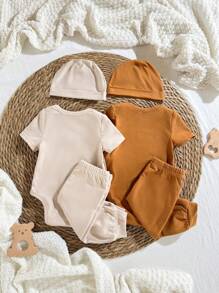 Loomiva Newborn Baby 6pcs Set: Knit Soft Round Neck Short Sleeve Bodysuit, Long Pants, Hat - Apricot - View 2