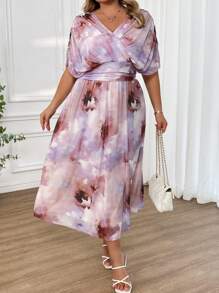 SHEIN CURVE+ Vestido largo con estampado floral elegante de manga de murciélago para tallas grandes, primavera/verano