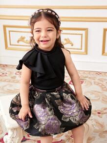 SHEIN 2 件装女婴优雅花卉印花上衣和 A 字裙套装，夏季 - 黑色 - 查看 3