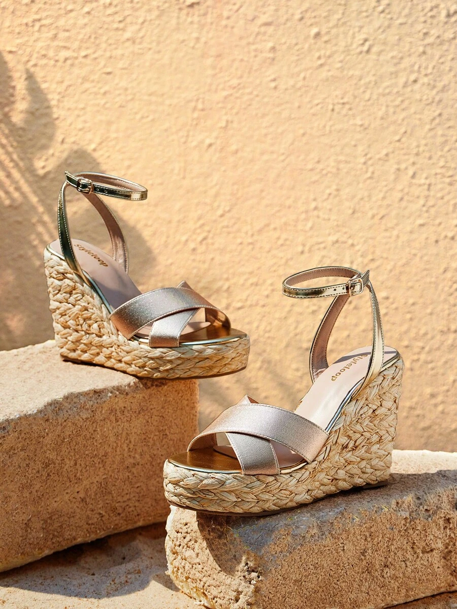 Styleloop Rope Woven Wedge Thick Bottom Sandals, Suitable For Party, Wedding, Everyday And Vacation Wear - Gold - View 1